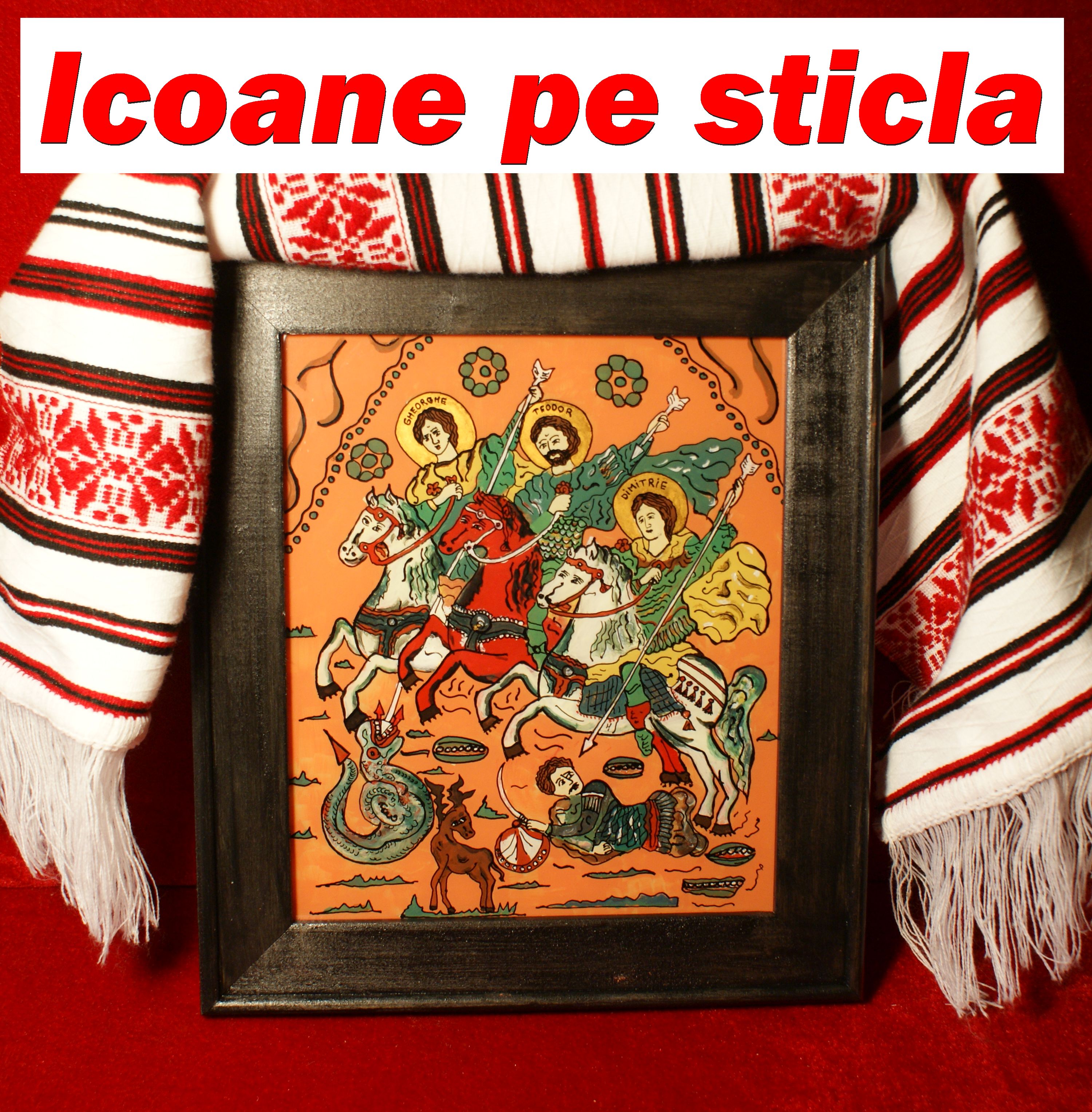 Icoana pictata manual pe sticla, traditionala, inspirata din vechi izvoade transilvane.